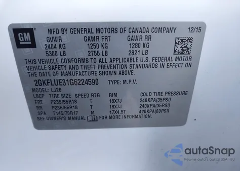 2016 GMC Terrain Slt z USA, uszkodzony, nr VIN 2GKFLUE31G6224590